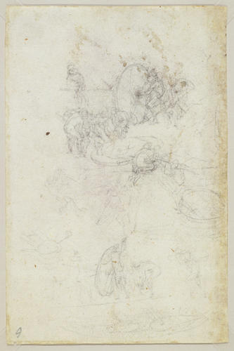 Recto: Two studies of naked youths bending forward, and a study of a woman kneeling at the edge of a pool with a bucket. Verso: Sketches of figures moving a large mill stone Recto: Two studies of naked youths bending forward, and a study of a woman kneeling at the edge of a pool with a bucket. Verso: Sketches of figures moving a large mill stone