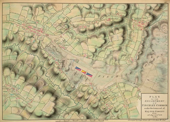 Master: Maps of encampments in England and Great Britain, 1778-82
Item: Map of encampment on Finchley Common, 1780 (Finchley Common, Greater London, UK) 51?36'03 Master: Maps of encampments in England and Great Britain, 1778-82
Item: Map of encampment on Finchley Common, 1780 (Finchley Common, Greater London, UK) 51?36'03