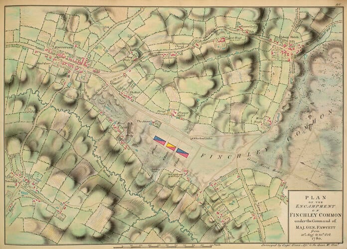 Master: Maps of encampments in England and Great Britain, 1778-82
Item: Map of encampment on Finchley Common, 1780 (Finchley Common, Greater London, UK) 51°36'03