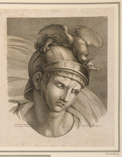 Master: Set of two prints reproducing heads from 'The Expulsion of Heliodorus from the Temple'
Item: Head of young man wearing a helmet [from 'The Expulsion of Heliodorus from the Temple']