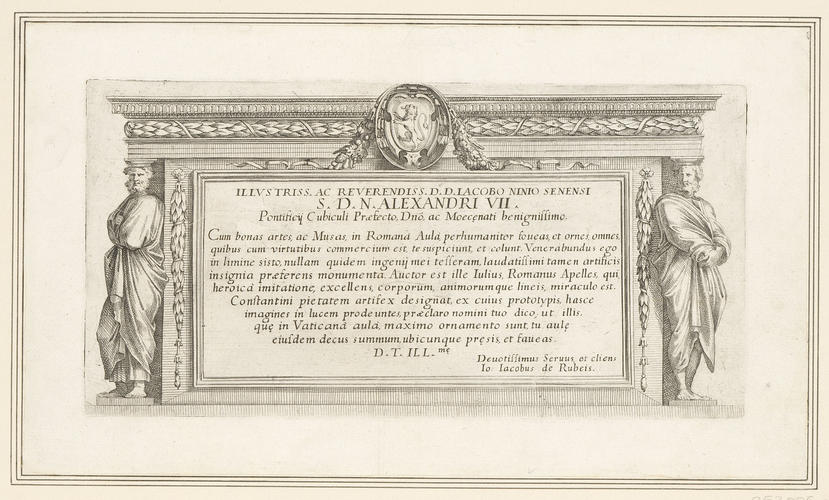 Master: A set of prints reproducing narrative scenes from the Sala di Costantino
Item: Inscription flanked by two telamons and surmounted by coat of arms with lion and ecclesiastical hat
