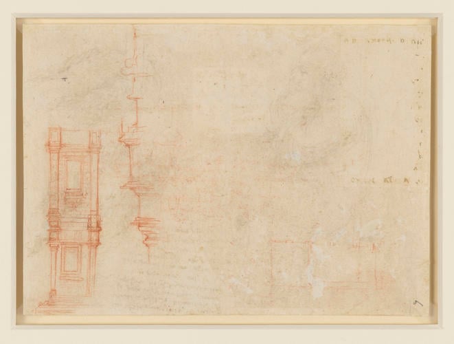 Recto: Studies of water, and a seated old man. Verso: Architectural studies