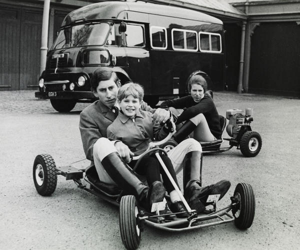 Prince Charles with Prince Edward and Princess Anne on go-karts