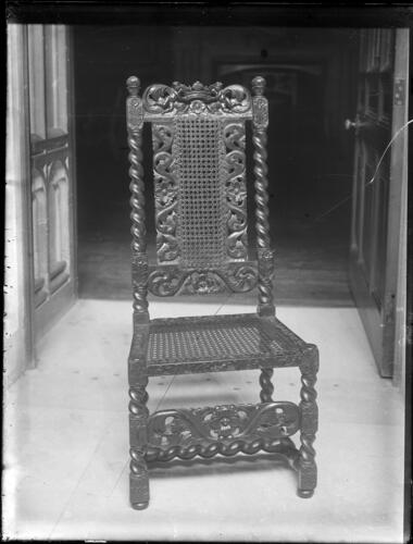 Glass plate negative of a carved chair Glass plate negative of a carved chair