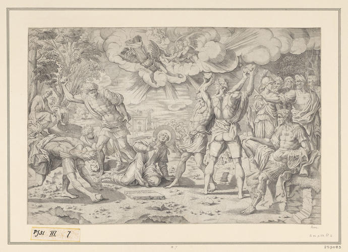 The stoning of St Stephen, with Jesus and angels appearing above
