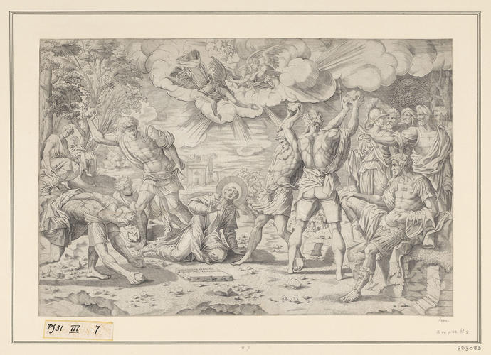 The stoning of St Stephen, with Jesus and angels appearing above The stoning of St Stephen, with Jesus and angels appearing above