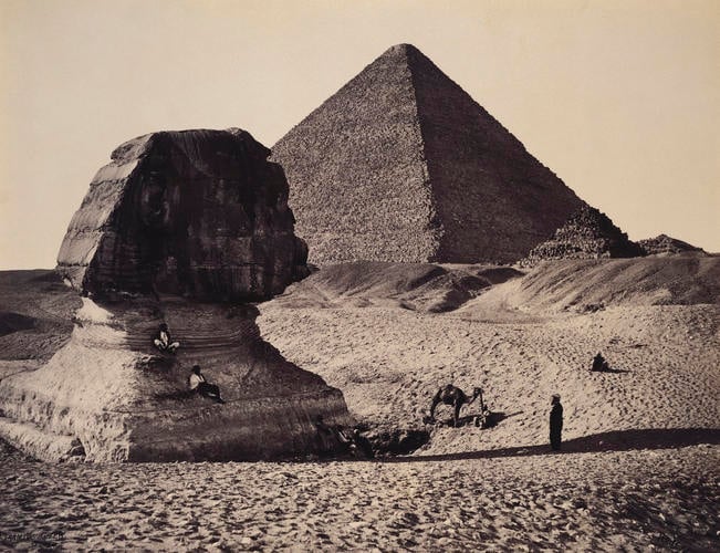 The Sphinx, the Great Pyramid and two lesser Pyramids, Ghizeh, Egypt