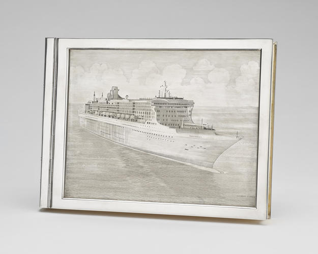 Silver case depicting RMS Queen Mary II