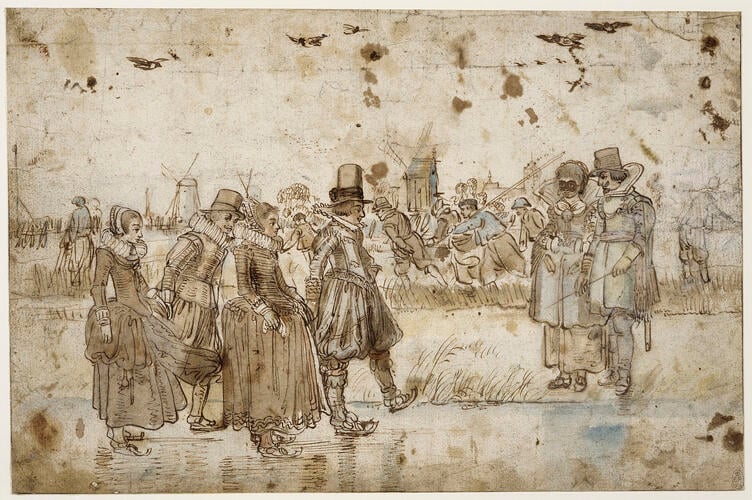 Skaters on the ice outside a town