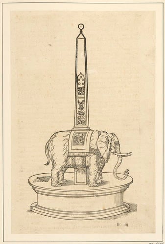 Master: Discours du Songe de Poliphile [Hypnerotomachia Poliphili]
Item: A statue of an elephant with an obelisk on top