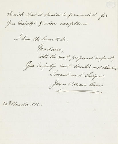 Master: HM Queen Victoria's Proclamation to the Prince's Chiefs and People of India, 1858.
Item: Letter offering photograph of the Proclamation Master: HM Queen Victoria's Proclamation to the Prince's Chiefs and People of India, 1858.
Item: Letter offering photograph of the Proclamation