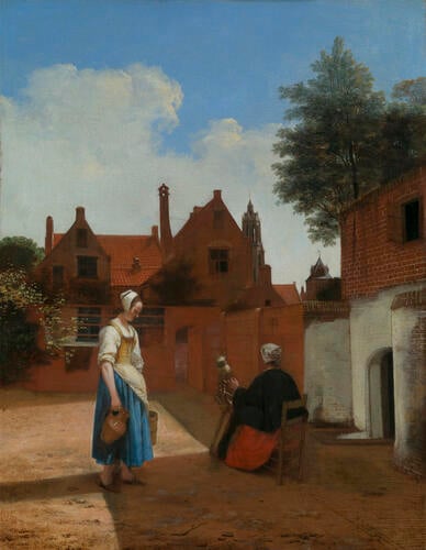 A Courtyard in Delft at Evening: a Woman spinning