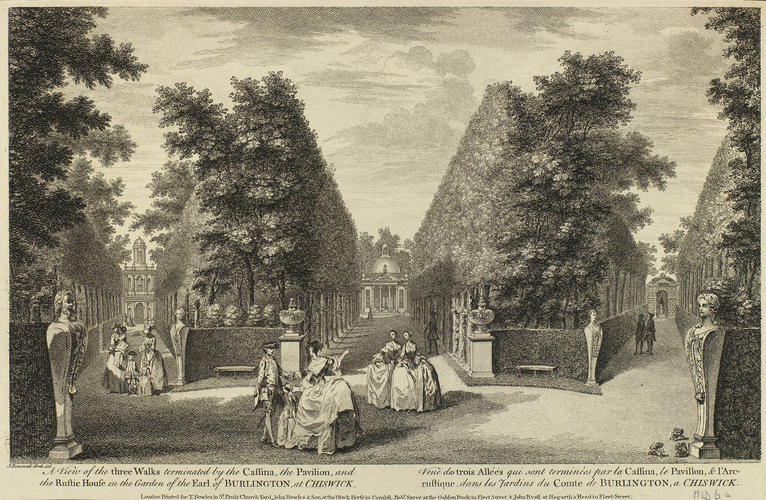 Item: A view of the three walks terminated by the Cassina, the Pavilion and the Rustic House in the Garden of the Earl of Burlington, at Chiswick