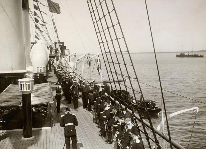 King Edward VII boarding a yacht in the Bay of Reval, 1908 King Edward VII boarding a yacht in the Bay of Reval, 1908