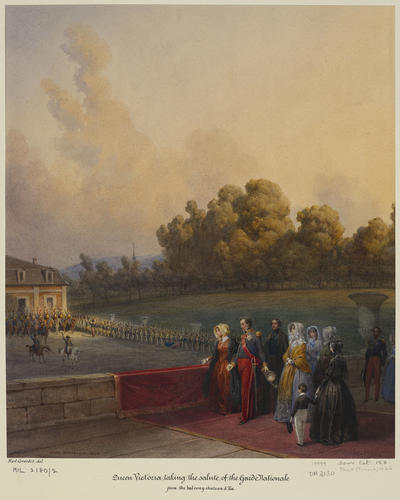 Royal visit to Louis-Philippe: Queen Victoria taking the salute of the Garde Nationale, on the balcony of the Chateau d'Eu. 2 September 1843