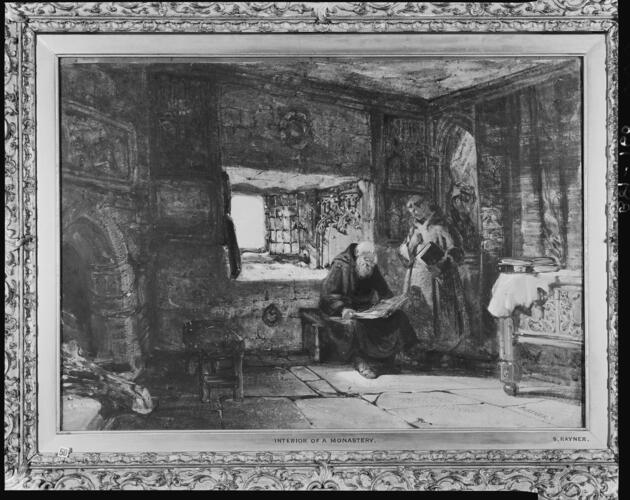 Interior of a monastery, with two monks