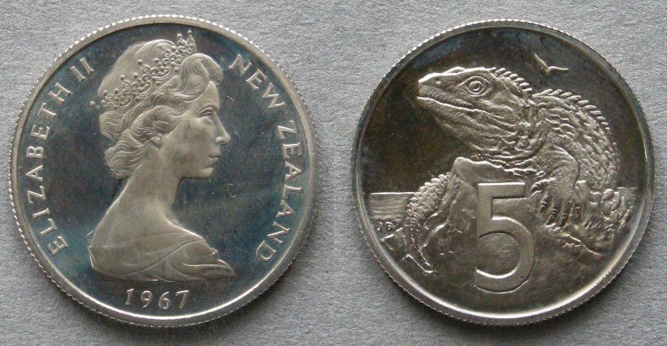 New Zealand. Proof 5 cents, 1967, commemorating the introduction of decimal currency
