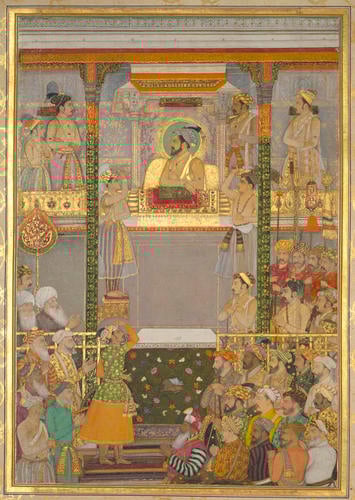 Master: Padshahnamah پادشاهنامه (The Book of Emperors)
Item: Shah-Jahan honouring Prince Awrangzeb at Agra before his wedding (27 April 1637) Master: Padshahnamah پادشاهنامه (The Book of Emperors)
Item: Shah-Jahan honouring Prince Awrangzeb at Agra before his wedding (27 April 1637)