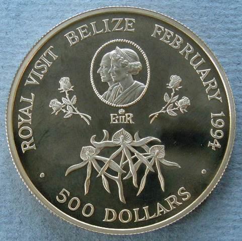 Belize. Proof 500 dollars commemorating the Royal visit to Belize, February 1994 Belize. Proof 500 dollars commemorating the Royal visit to Belize, February 1994