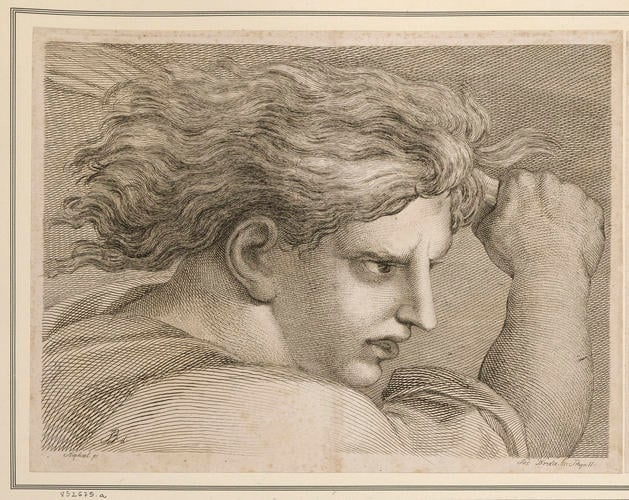 Master: Set of two prints reproducing heads from 'The Expulsion of Heliodorus from the Temple'
Item: Head of a young man brandishing a sword [from 'The Expulsion of Heliodorus from the Temple']