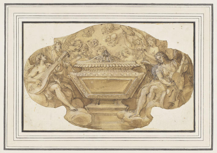 Angels around a sarcophagus playing musical instruments Angels around a sarcophagus playing musical instruments