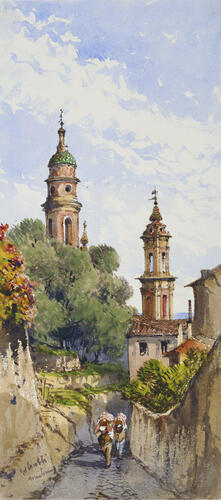 Menton: a campanile among olive trees in Cemetery Road