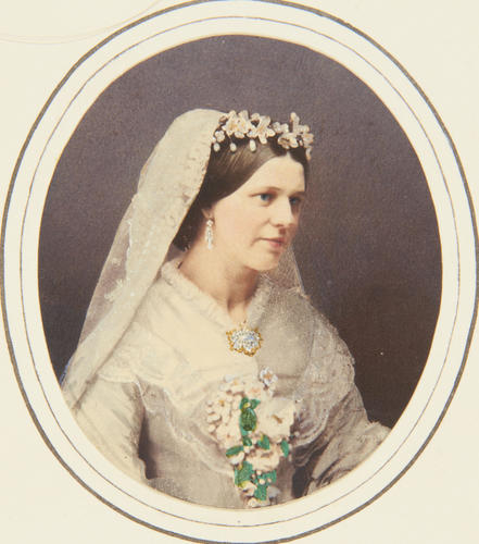 T'he Honourable Mrs Biddulph in her wedding dress'; Lady Mary Biddulph (1824-1902) in her wedding dress