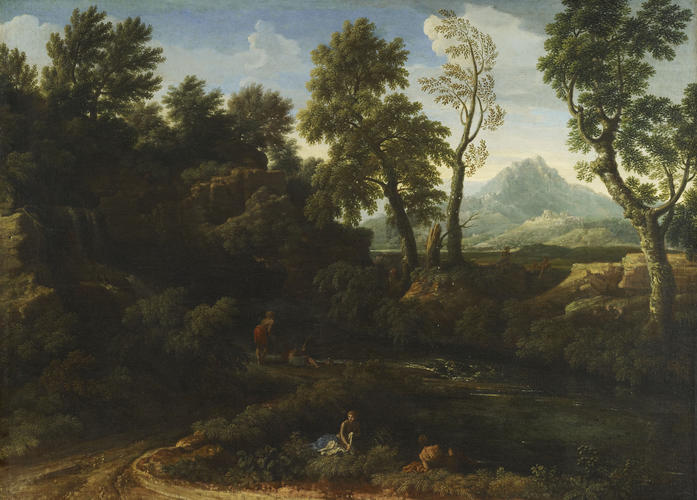 Landscape with figures by a pool