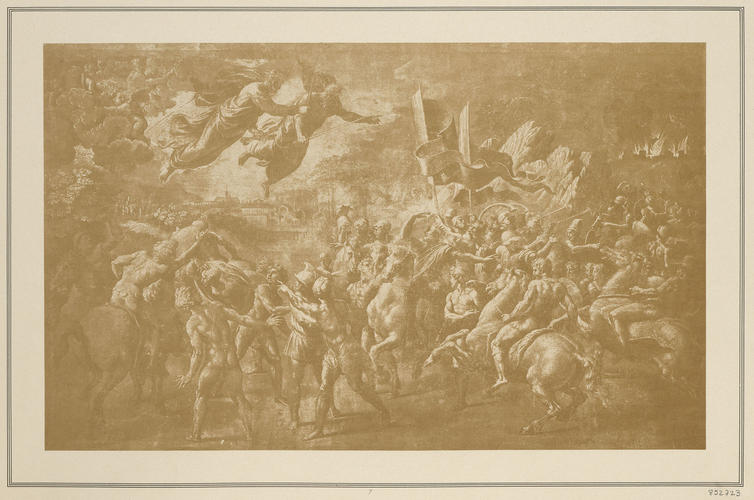 Saints Peter and Paul appearing to Attila and his Huns, with Leo I the Great approaching in the far distance Saints Peter and Paul appearing to Attila and his Huns, with Leo I the Great approaching in the far distance