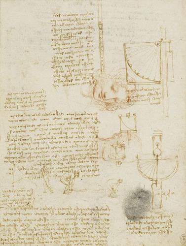 Recto: Diagrams of machinery, a figure hammering, two figures carrying a stretcher, notes, and two heads. Verso: A note on dynamics