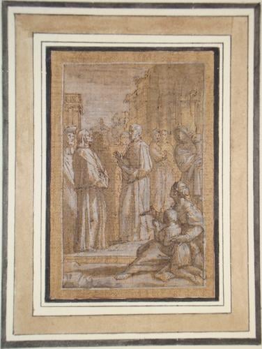 A saint receiving two laymen A saint receiving two laymen