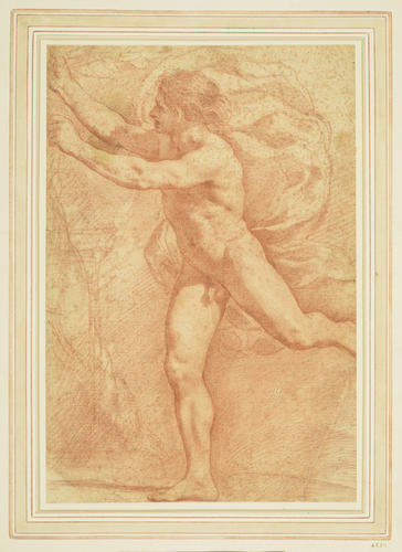A male nude, poised in the act of running A male nude, poised in the act of running