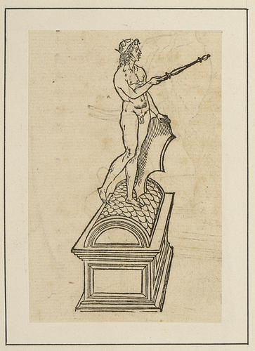 Master: Discours du Songe de Poliphile [Hypnerotomachia Poliphili]
Item: A statue of a crowned man standing on the rounded lid of a tomb, holding a sceptre and a shield