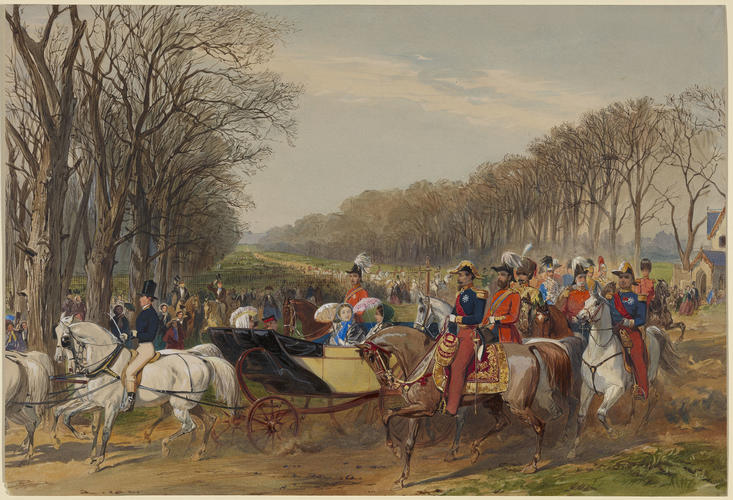 Napoleon III and the Empress Eugenie riding with the Queen in a military review in Windsor Great Park, 17 April 1855