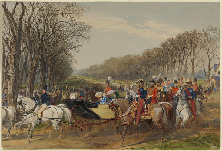 Napoleon III and the Empress Eugénie riding with the Queen in a military review in Windsor Great Park, 17 April 1855