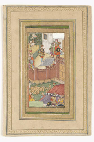 Master: Mughal album of portraits, animals and birds.
Item: Paintings of a pair of fighting camels and the siege of a fortress Master: Mughal album of portraits, animals and birds.
Item: Paintings of a pair of fighting camels and the siege of a fortress