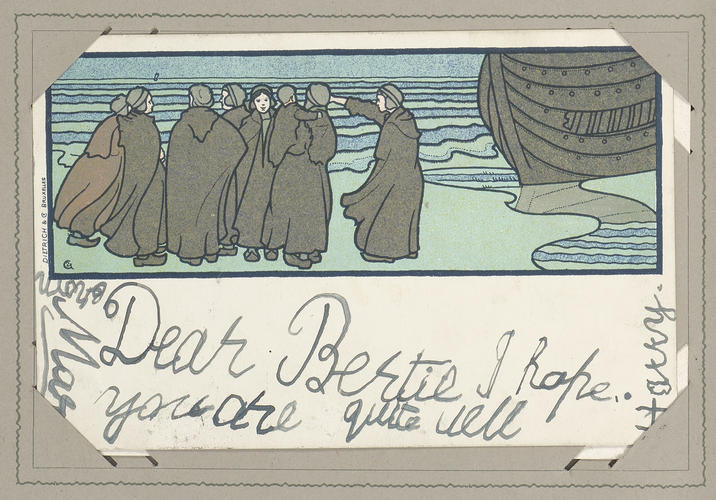Postcard with an illustration of a group of travellers standing beside a boat