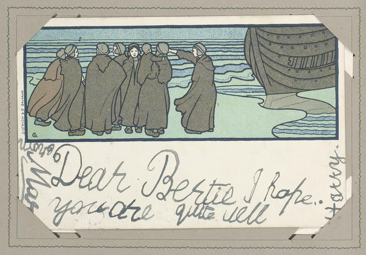 Postcard with an illustration of a group of travellers standing beside a boat Postcard with an illustration of a group of travellers standing beside a boat