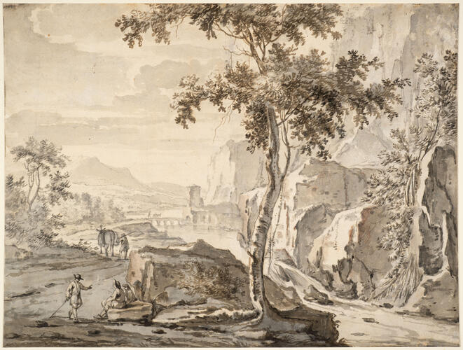 Mountainous landscape with a river and a waterfall