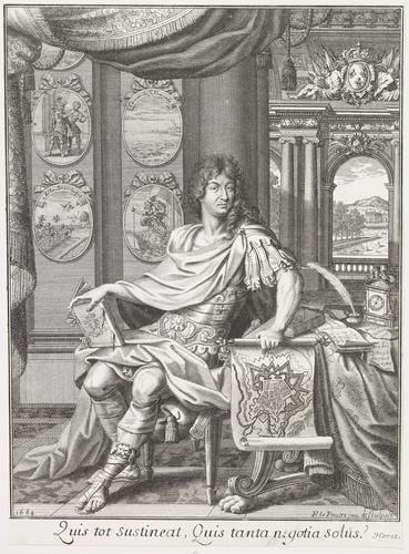 Louis XIV as a Roman emperor, holding a plan of a fortified town