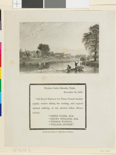 Windsor Castle from Eton Play-Fields, with notice of the bulletin announcing the death of the Prince Consort