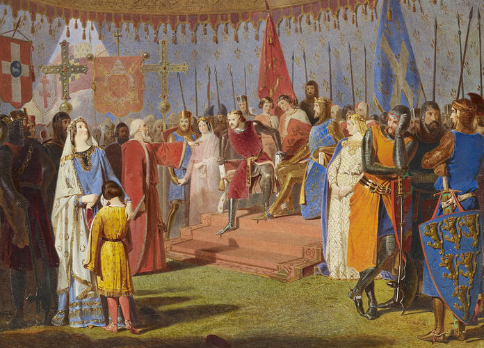 Scene from King John: the King refuses allegiance to the Pope
