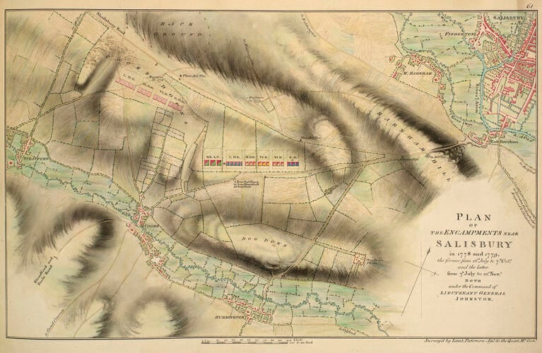Master: Maps of encampments in England and Great Britain, 1778-82
Item: Map of encampment near Salisbury, 1779 (Salisbury, Wiltshire, UK) 51°04'09