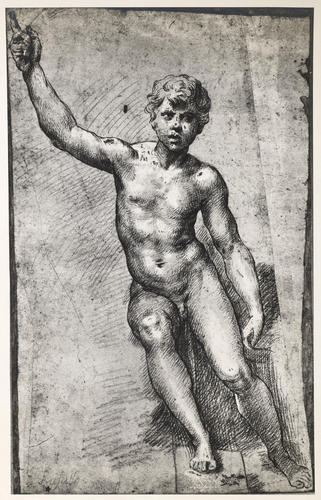 A seated male youth with his right arm raised up A seated male youth with his right arm raised up