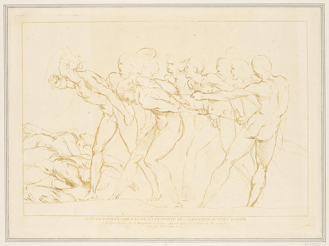 A battle scene with prisoners being pinioned