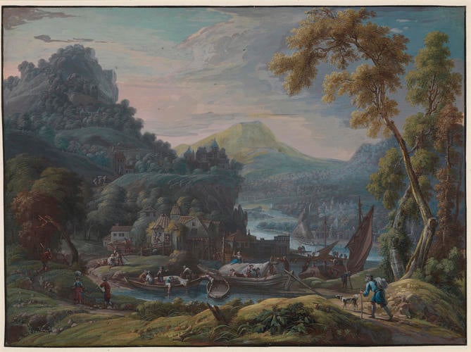 Mountainous river landscape with a small harbour