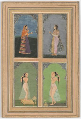 Master: Mughal album of portraits, animals and birds.
Item: Paintings of four Mughal women and a parrot Master: Mughal album of portraits, animals and birds.
Item: Paintings of four Mughal women and a parrot