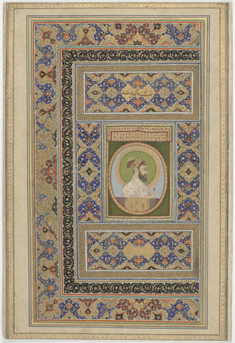 Master: Mughal album of portraits, animals and birds.
Item: Frontispiece containing portrait of Bahadur Shah I, and painting of a falcon Master: Mughal album of portraits, animals and birds.
Item: Frontispiece containing portrait of Bahadur Shah I, and painting of a falcon