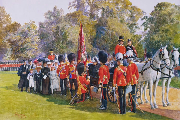 Queen Victoria presenting the State Colour to the Scots Guards, Windsor Great Park, 15 July 1899