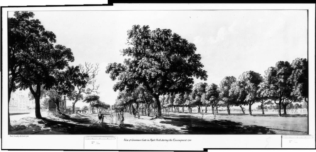 View of Grosvenor Gate in Hyde Park during the Encampment
